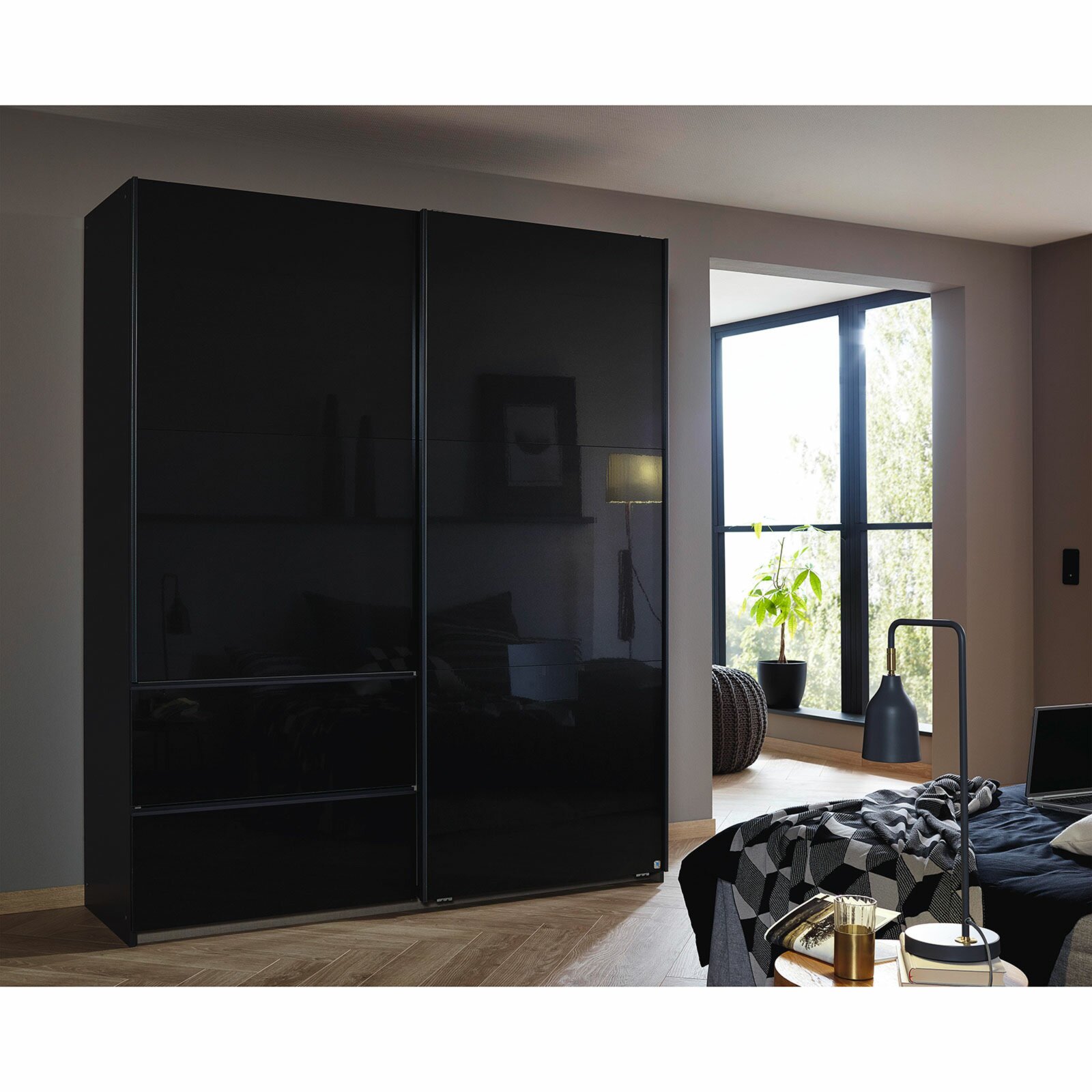 schwebetürenschrank - effektgrau- hochglanz - 175 cm breit
