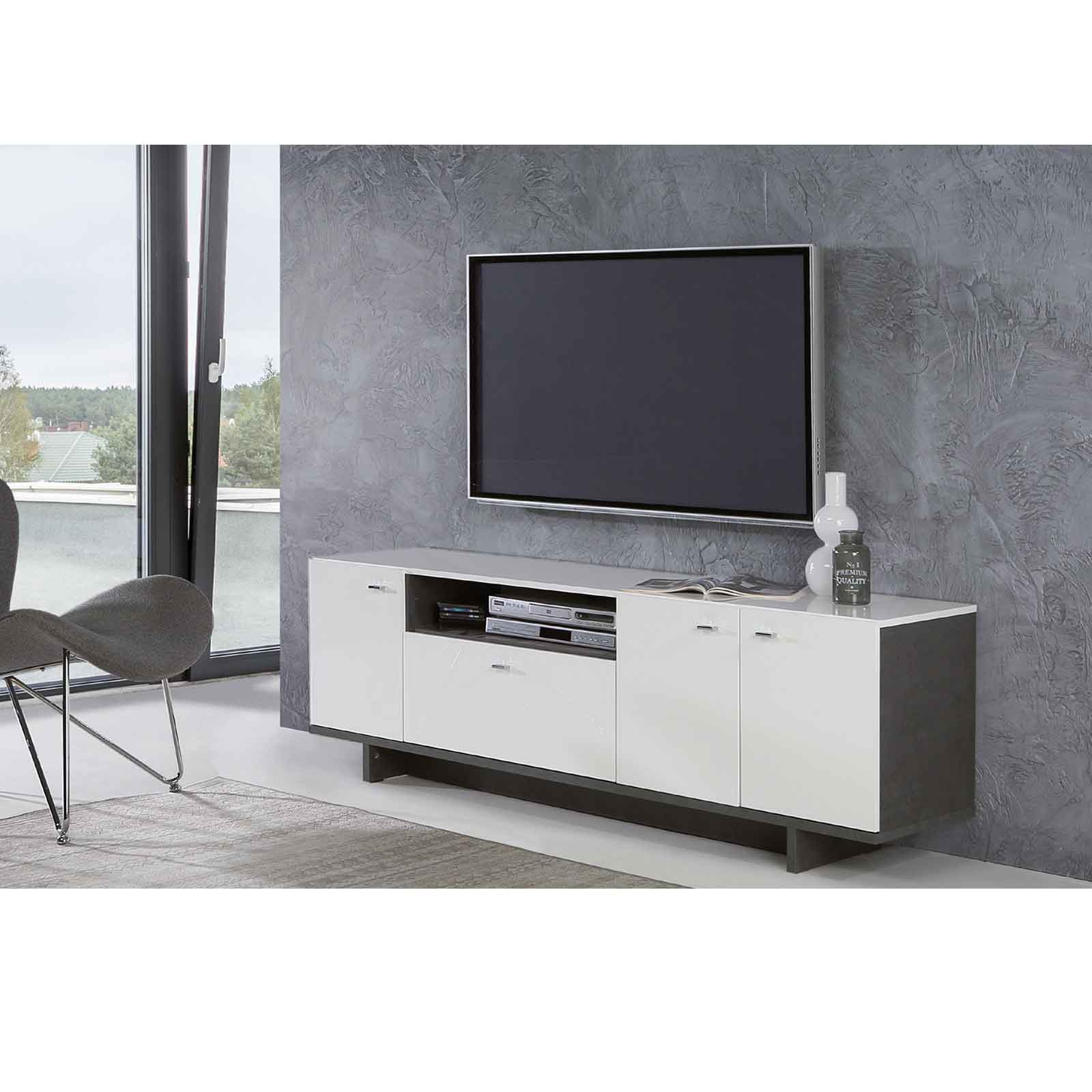 TV-Lowboard - weiß Hochglanz - Beton-Optik