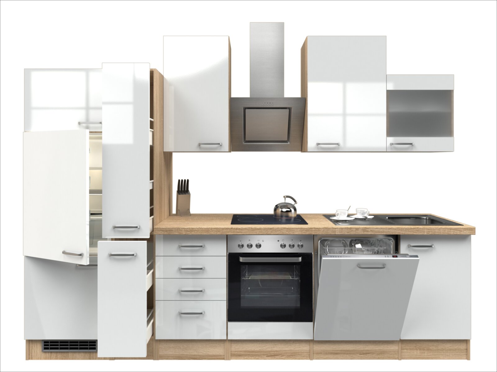 Küchenblock VALERO - weiß Hochglanz-Sonoma Eiche - mit E-Geräten - 310 cm |  Online bei ROLLER kaufen