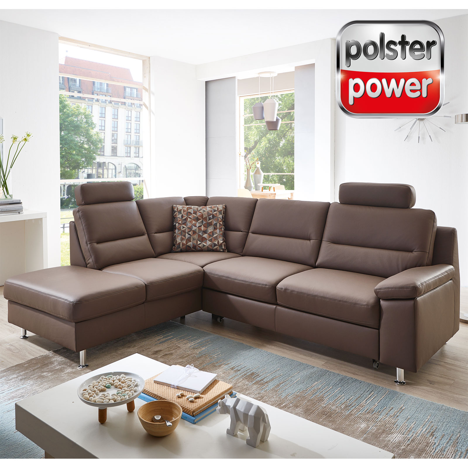 polsterpower Ledersofa - Ecksofa - braun - mit Funktionen - Ottomane