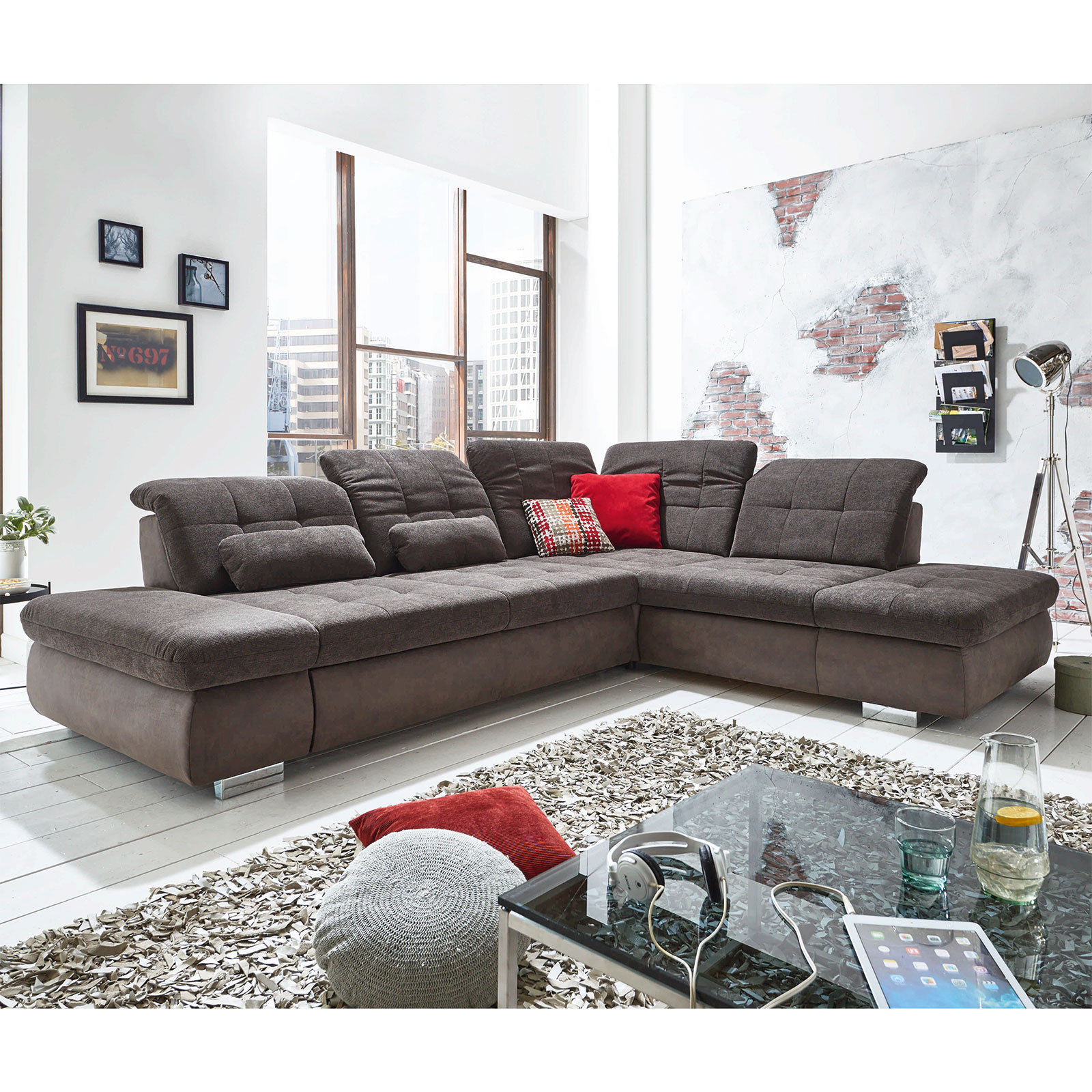 polsterpower Ecksofa anthrazitslate mit Funktionen Anstellhocker