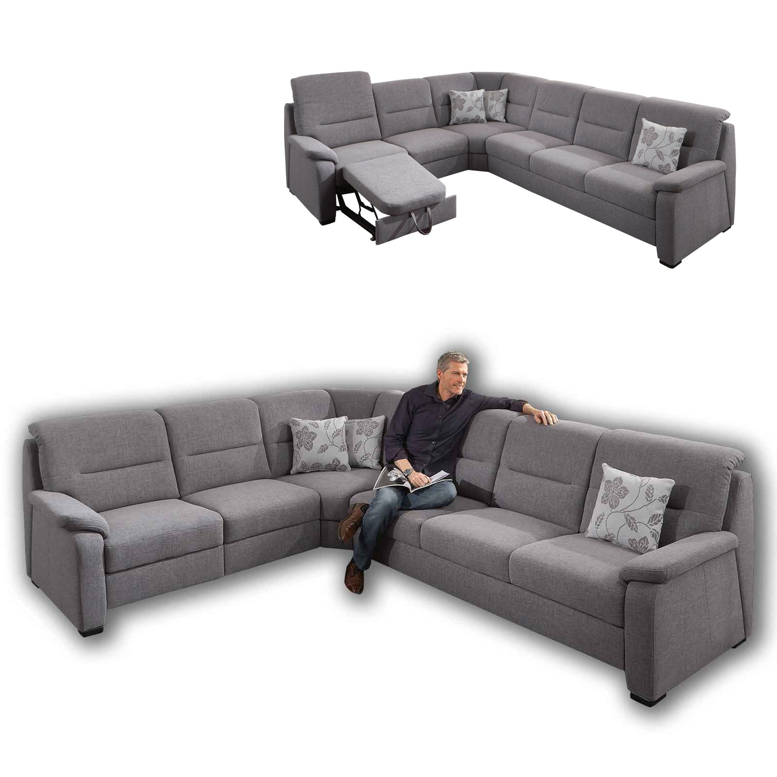 polsterpower Ecksofa grau mit Funktionen 2Sitzer links Online
