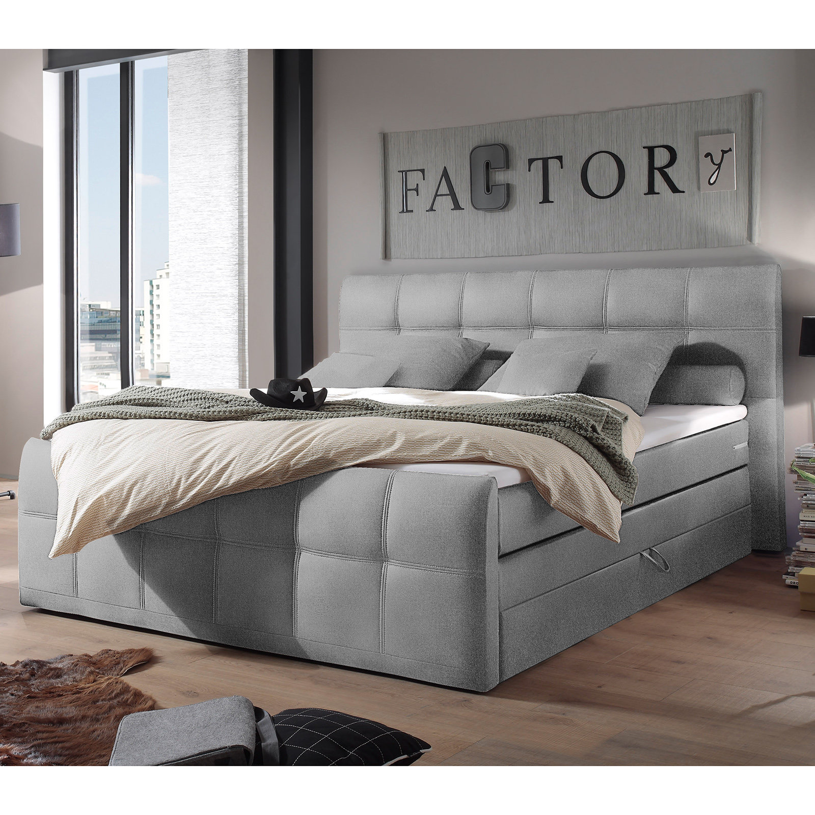 Boxspringbett - grau - Taschenfederkern - H2 - 180x200 cm