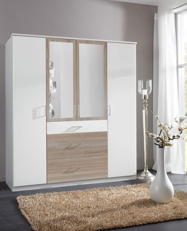 Drehtürenschrank - Alpinweiß - Eiche sägerau - Spiegel - 180 cm