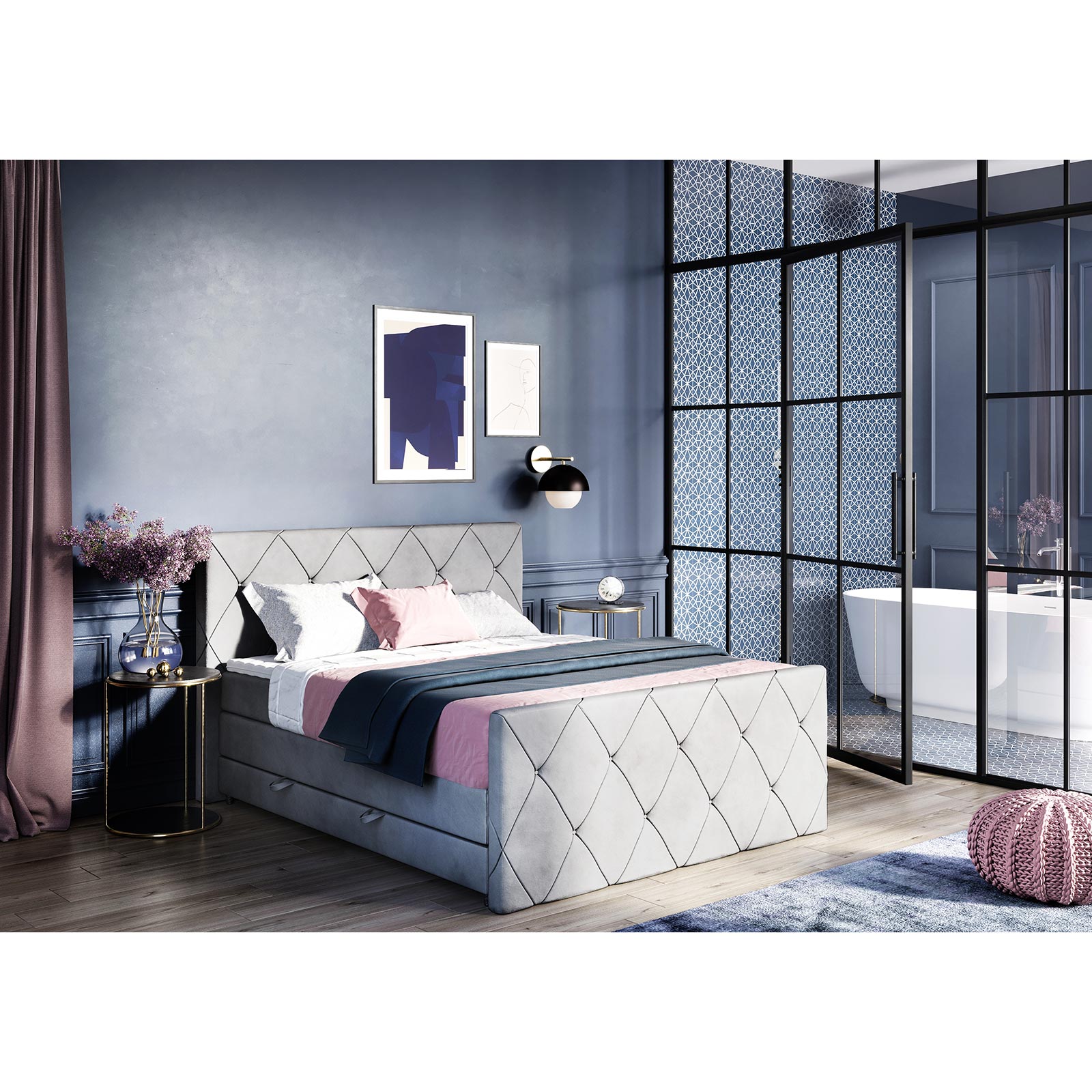 Boxspringbett - silber - H2 - mit Bettkasten - 180x200 cm
