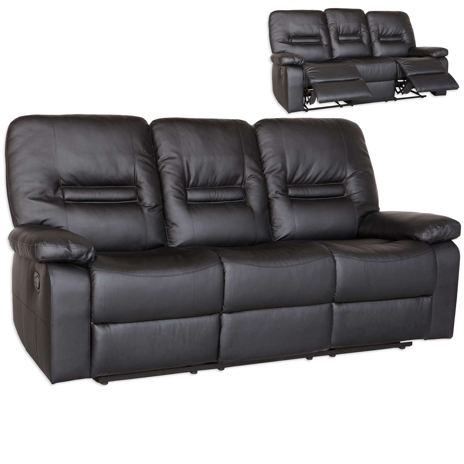 3er-Sitzer - schwarz - Kunstleder - manuelle Relaxfunktion