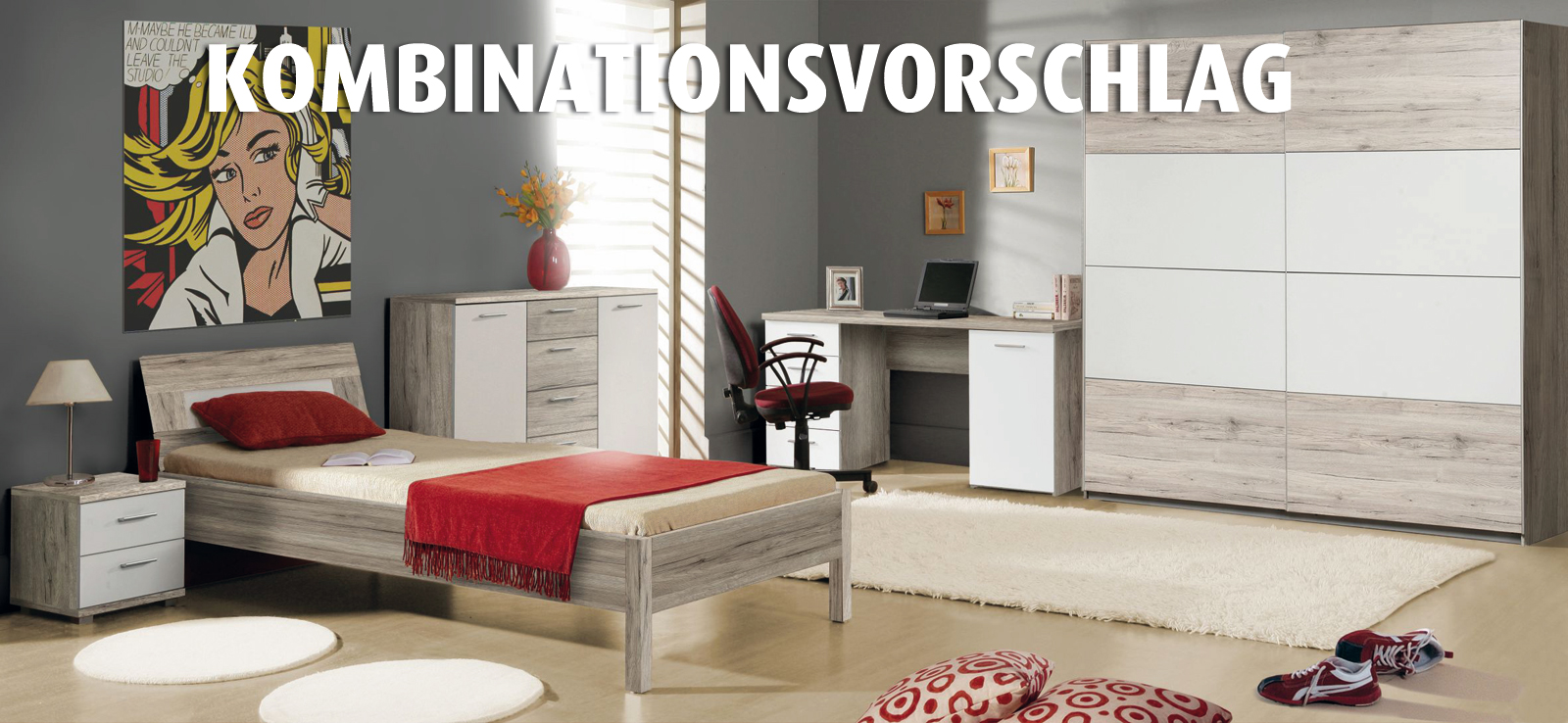 Schwebetürenschrank - Sandeiche - weiß - 220 cm breit