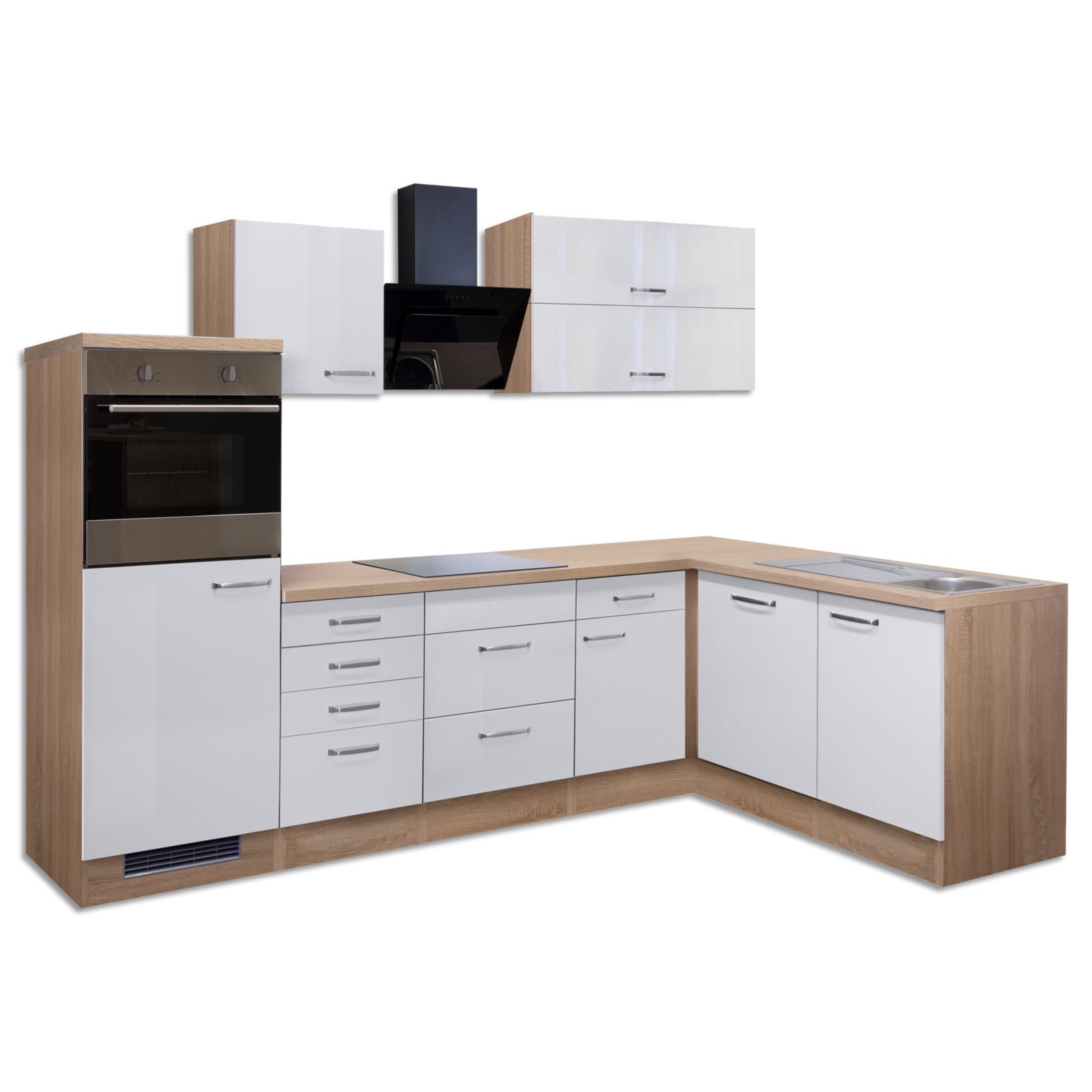 Winkelküche VALERO - weiß Hochglanz-Sonoma Eiche - mit E-Geräten - 280x170  cm | Online bei ROLLER kaufen | L-Küchen